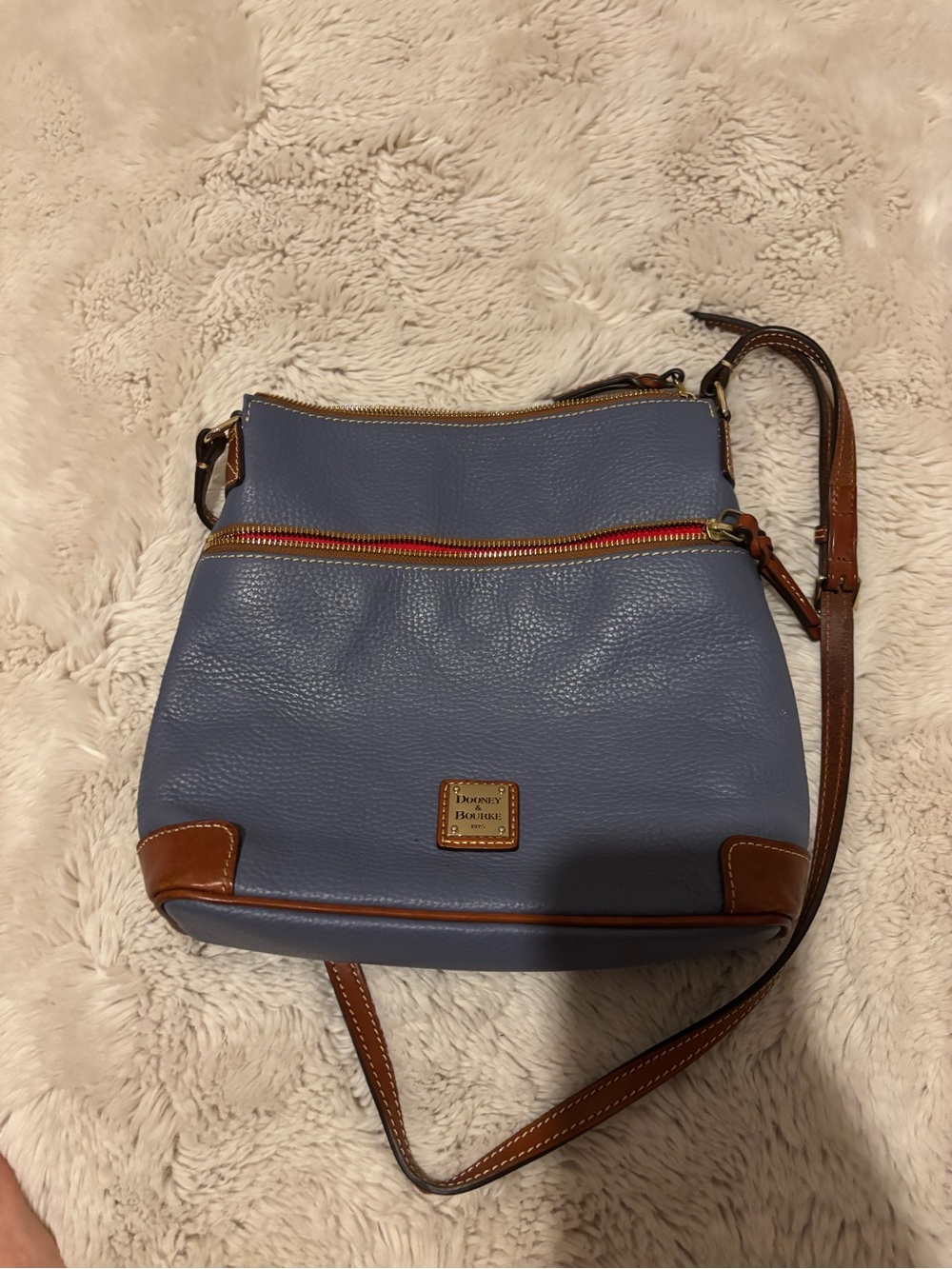Dooney & Bourke Slate Blue Leather Crossbody with Brown Trim